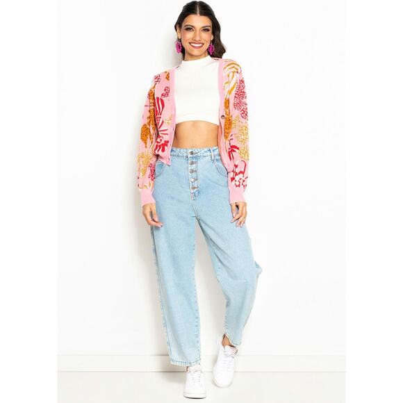 FARM RIO Lobster Crawfish Print Cardigan Sweater Pink Sz L $330 {EE3} - Picture 3 of 9